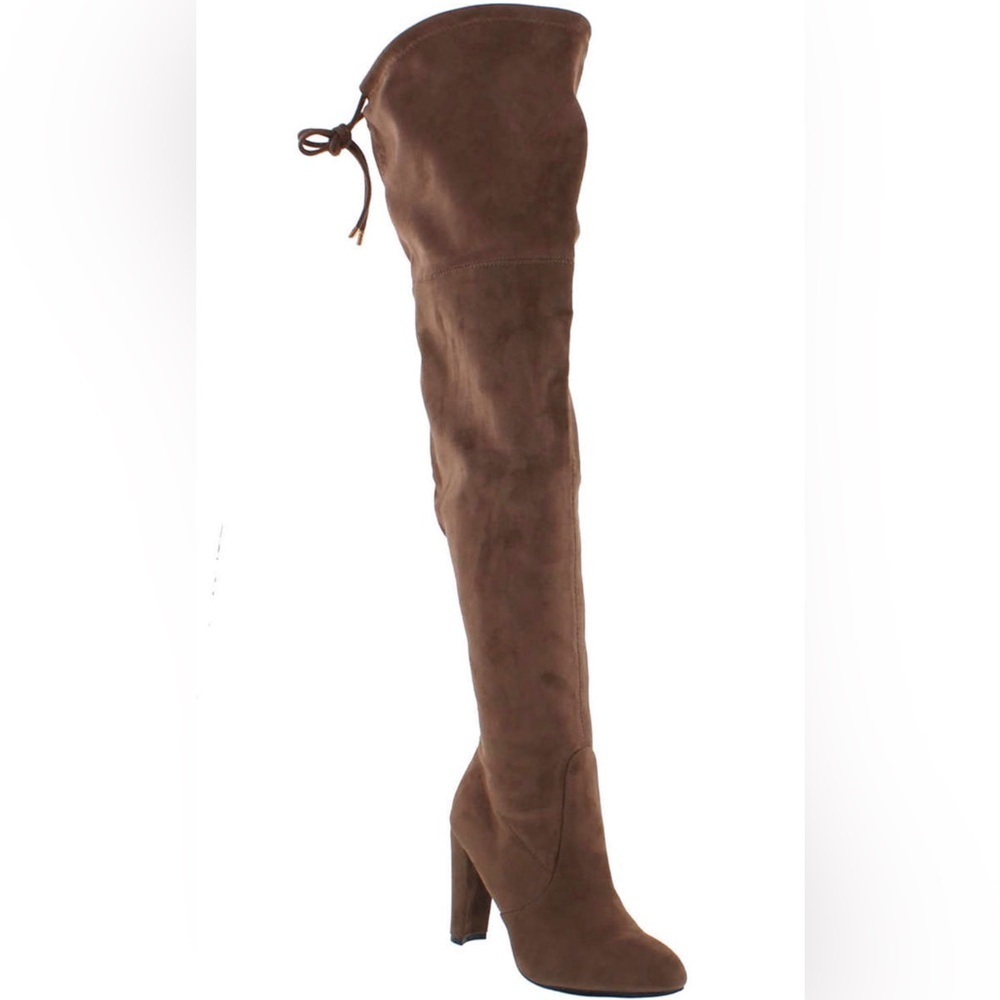 Forever Drawstring Block Heel Stretchy Snug Fit Thigh High Boots, Tan 8.…
